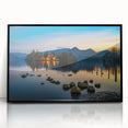 Large abstract wall art depicting a European landscape in muted earth tones, framed in black acrylic.