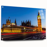 Acrylic print of a large abstract London cityscape in muted gray and blue tones.