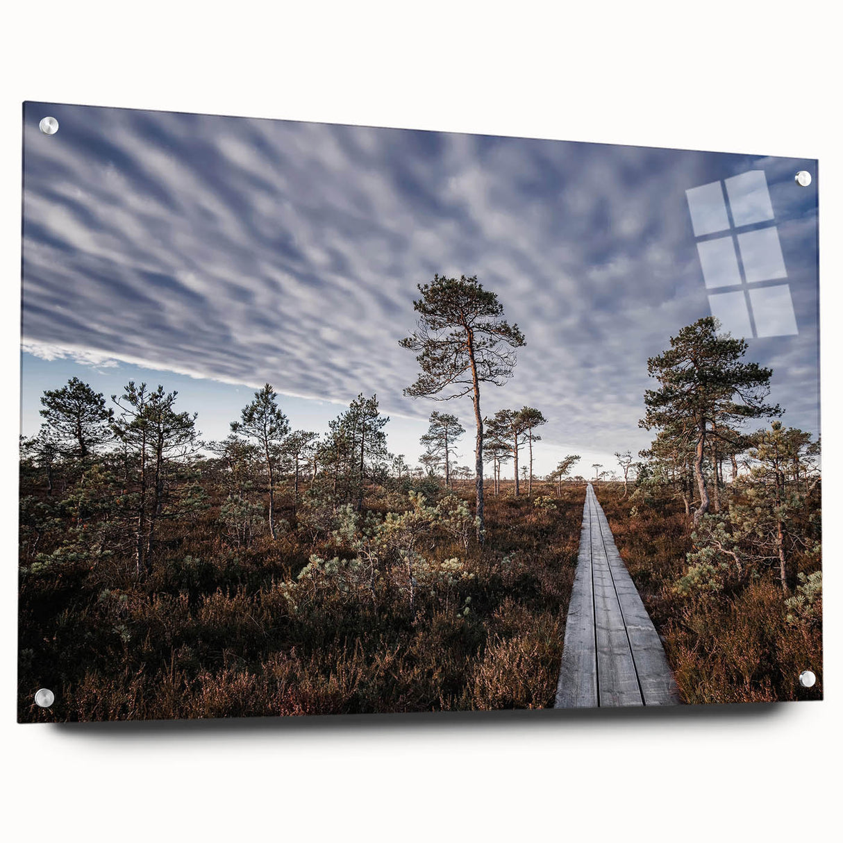 Acrylic print of a large abstract depiction of a European scenery in muted earth tones.