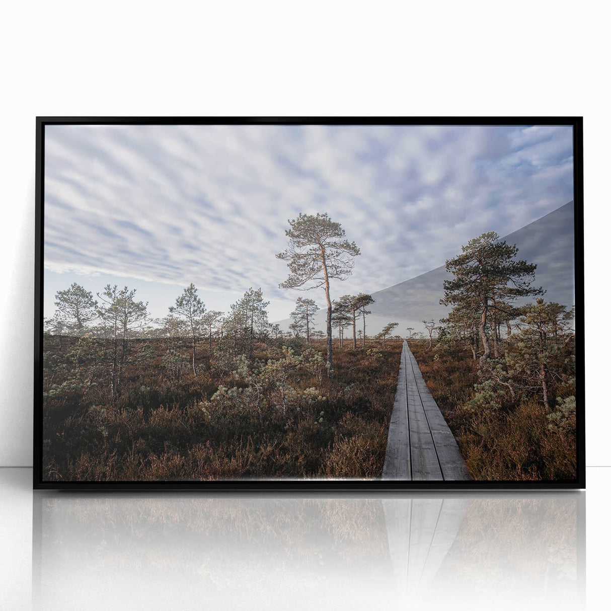 Large abstract wall art featuring a stylized Estonian landscape in muted earth tones on a framed acrylic.