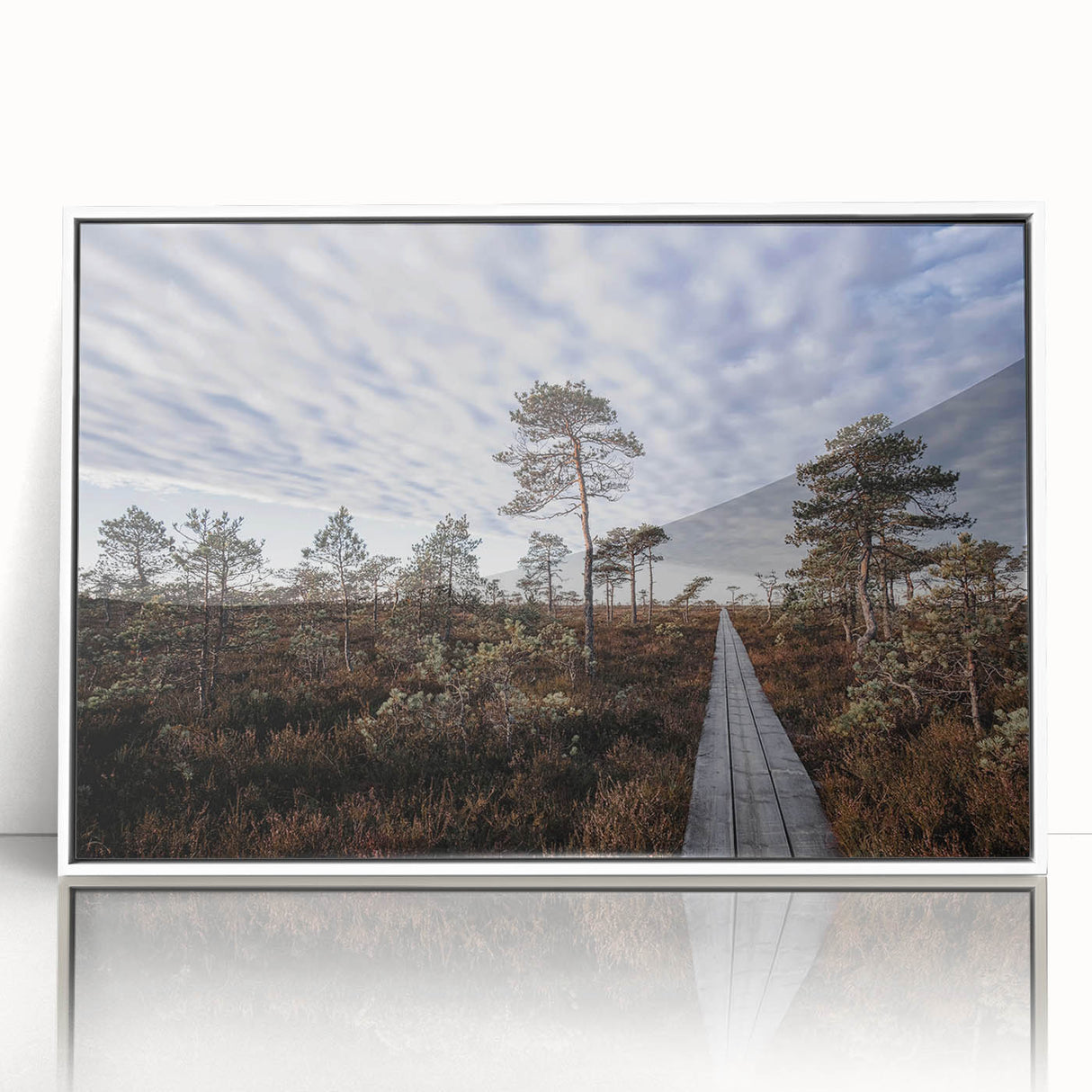 Mid-century modernist art of a serene European landscape in muted colors, acrylic framed, suitable for nursery wall art.
