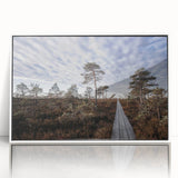 Mid-century modernist art of a serene European landscape in muted colors, acrylic framed, suitable for nursery wall art.