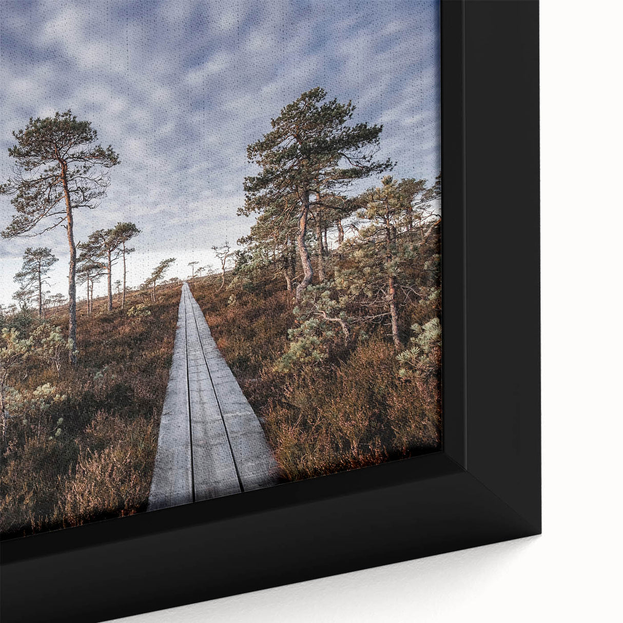 Black wall art featuring a textured close-up of a European scenery in vibrant colors on a framed canvas.