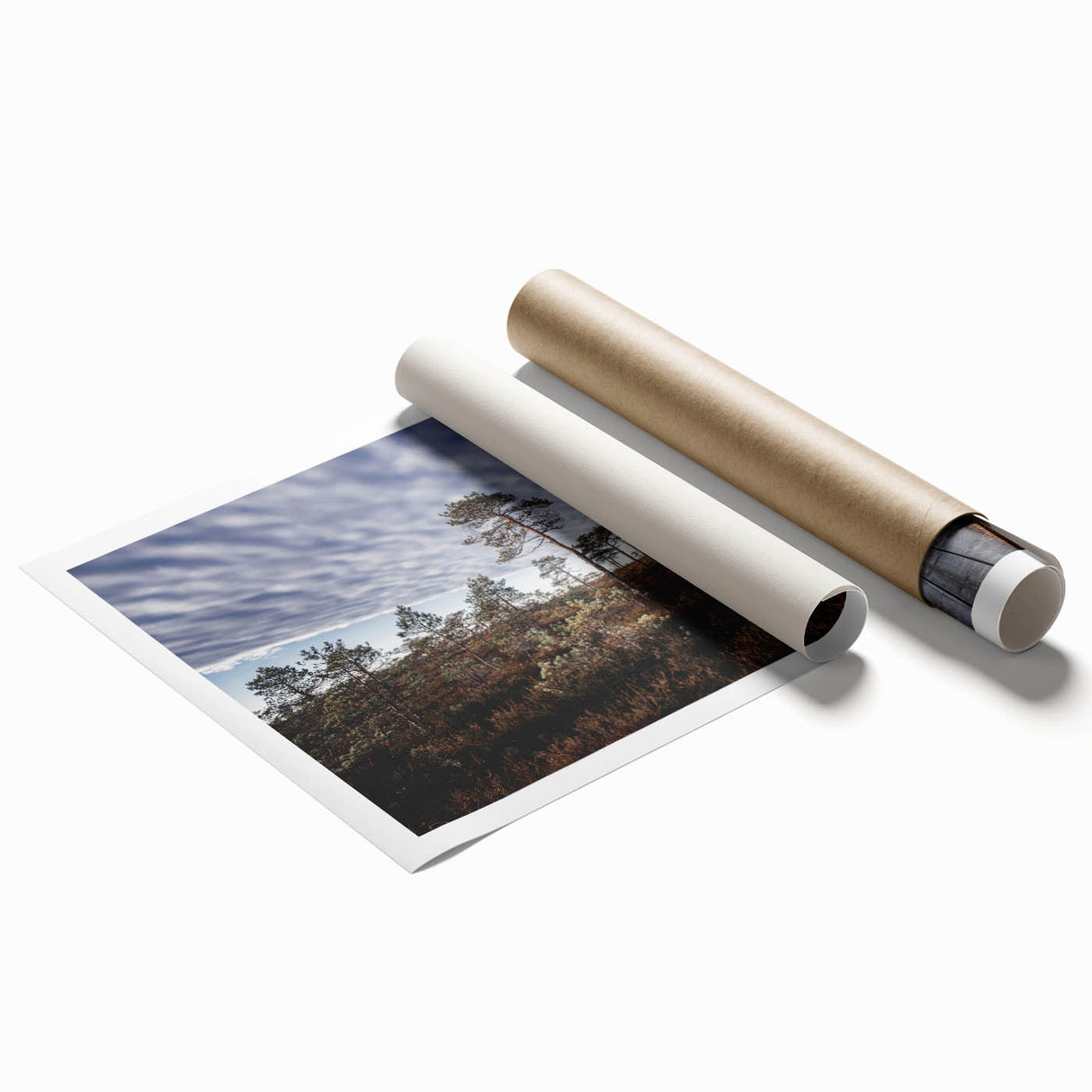 Extra large rolled print of a serene Estonian landscape with muted green and blue tones, ideal for classy bathroom wall art.