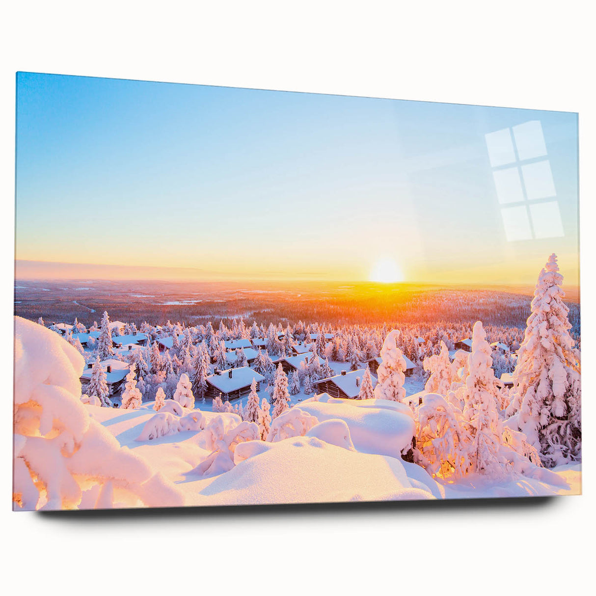 Large abstract wall art of a serene Finnish landscape in muted blues and greens, printed on acrylic glass.