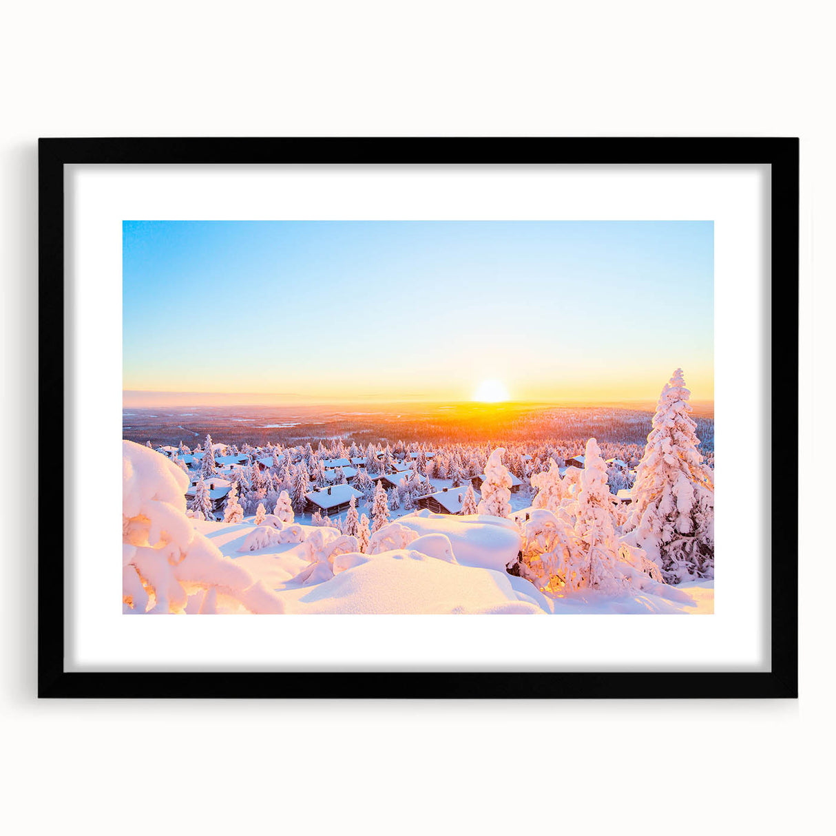 Extra large abstract art print of a colorful, textured European scenery on a black framed canvas.