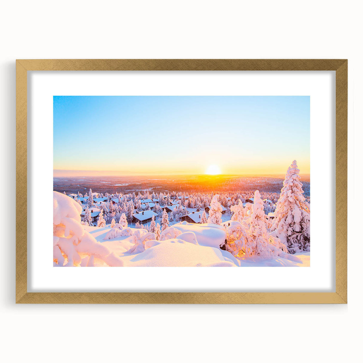 Abstract art print of a serene Finnish landscape in muted blue and green hues, framed in gold, ideal for dining room decor.