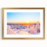 Abstract art print of a serene Finnish landscape in muted blue and green hues, framed in gold, ideal for dining room decor.
