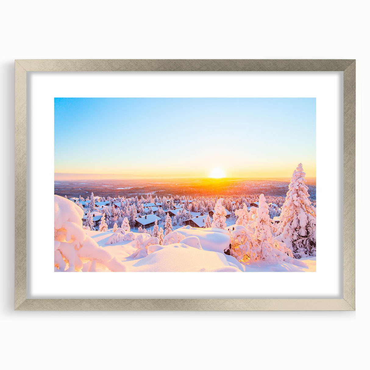 Extra large abstract art print of a textured European scenery in muted earth tones, framed with a silver mat.