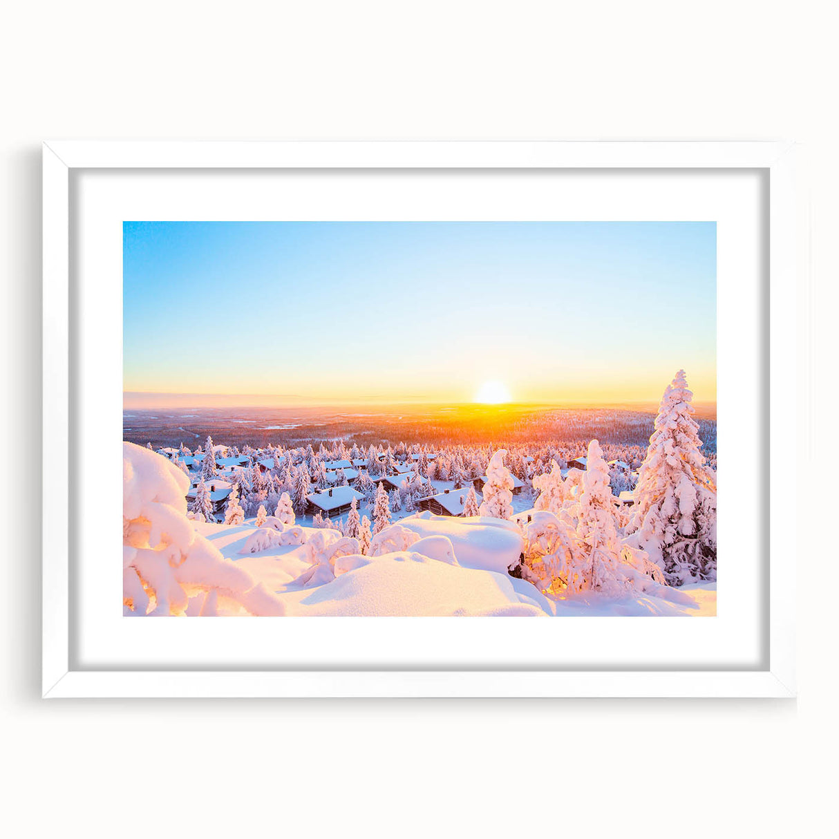 Textured abstract art print depicting a serene Finnish landscape in muted blues and greens, framed with a white mat.
