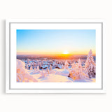 Textured abstract art print depicting a serene Finnish landscape in muted blues and greens, framed with a white mat.
