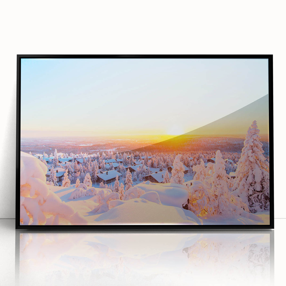 Large abstract wall art depicting a serene Finnish landscape in muted earth tones, framed in black acrylic.