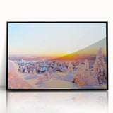 Large abstract wall art depicting a serene Finnish landscape in muted earth tones, framed in black acrylic.