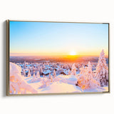 Framed canvas featuring a vintage-style landscape painting of a serene Finnish scenery in muted earth tones.