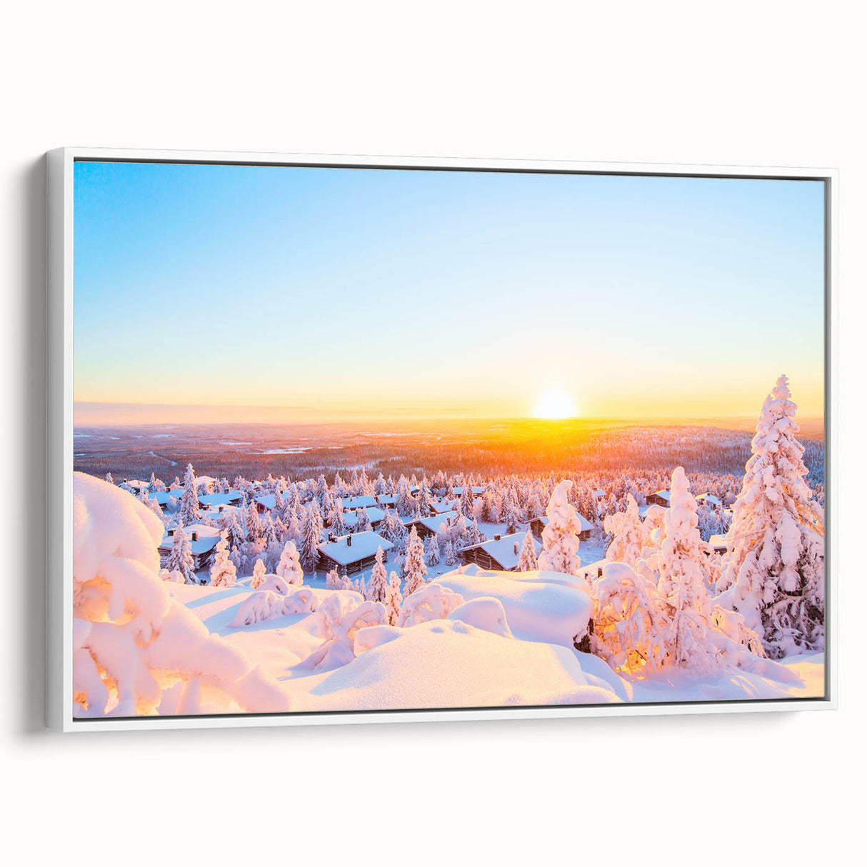 Vintage poster art of a scenic Finland landscape in colorful tones on extra large framed canvas, ideal for living room decor.