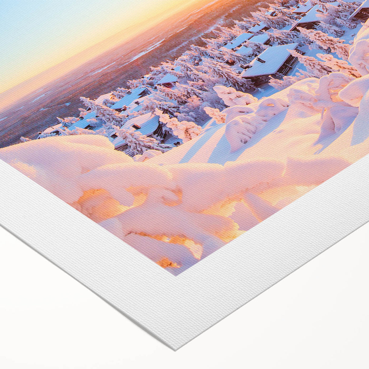 Art deco poster featuring a serene Finnish landscape in muted blue and green tones on rolled canvas.