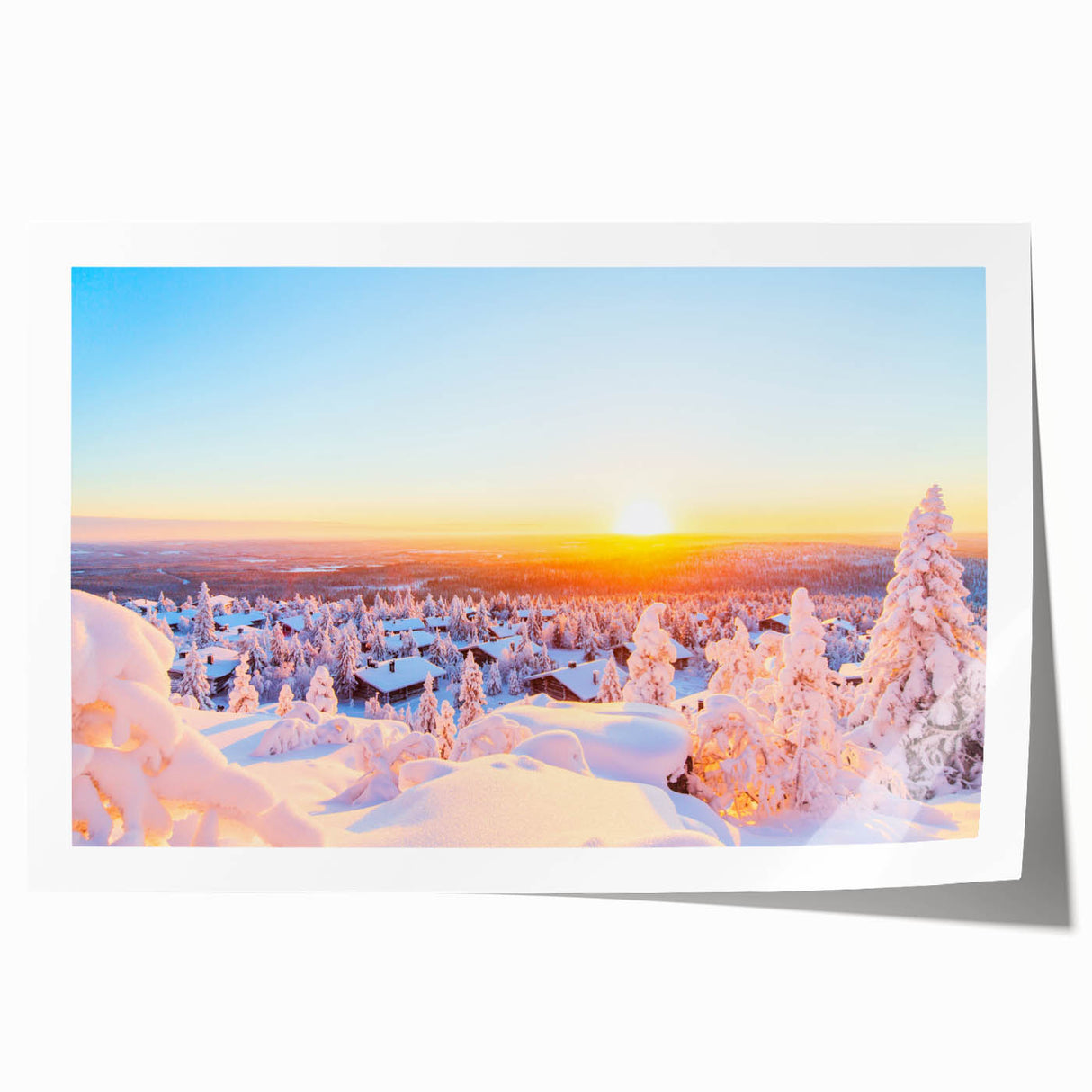 Extra large rolled print of a serene Finnish landscape with lush greenery and a calm lake, ideal for dining room wall art.