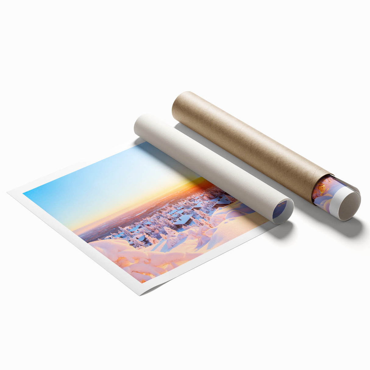 Extra large rolled print of a serene Finnish landscape, featuring muted green and blue tones.