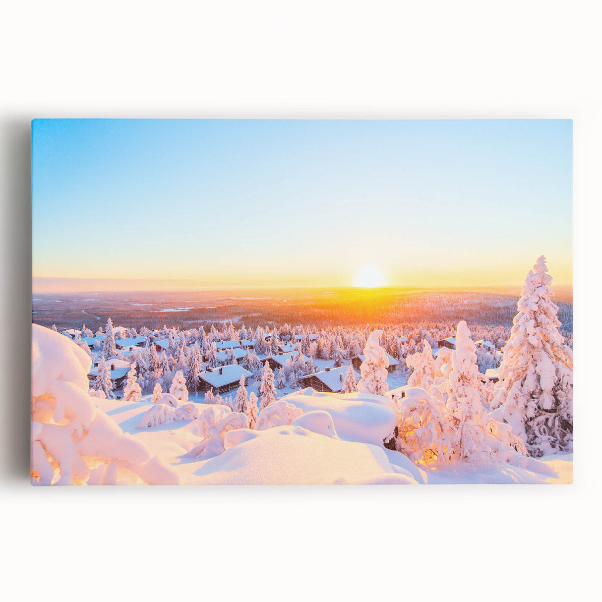 Black and white photograph of a serene Finnish landscape on stretched canvas, ideal for kitchen wall art.