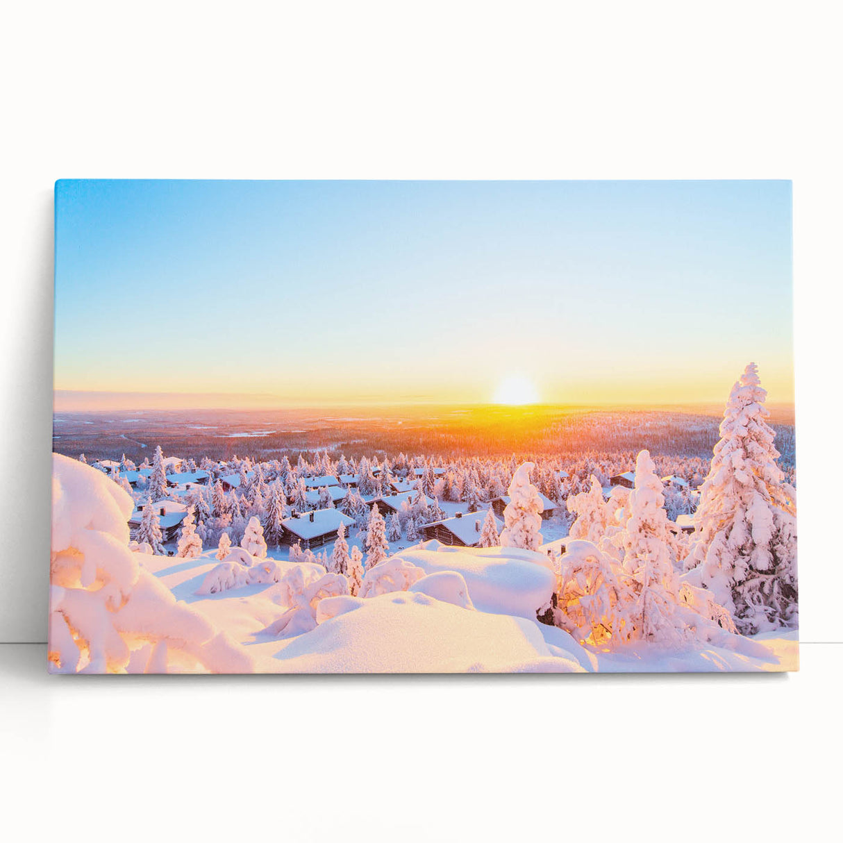 Large black and white wall art of a Finnish scenery on stretched canvas, ideal for kitchen art.