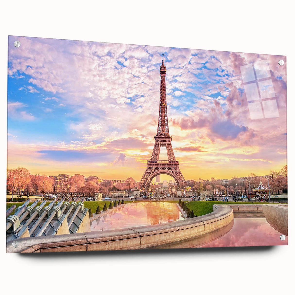 Acrylic print of a large abstract Paris skyline in muted gray tones, ideal for dining room decor.