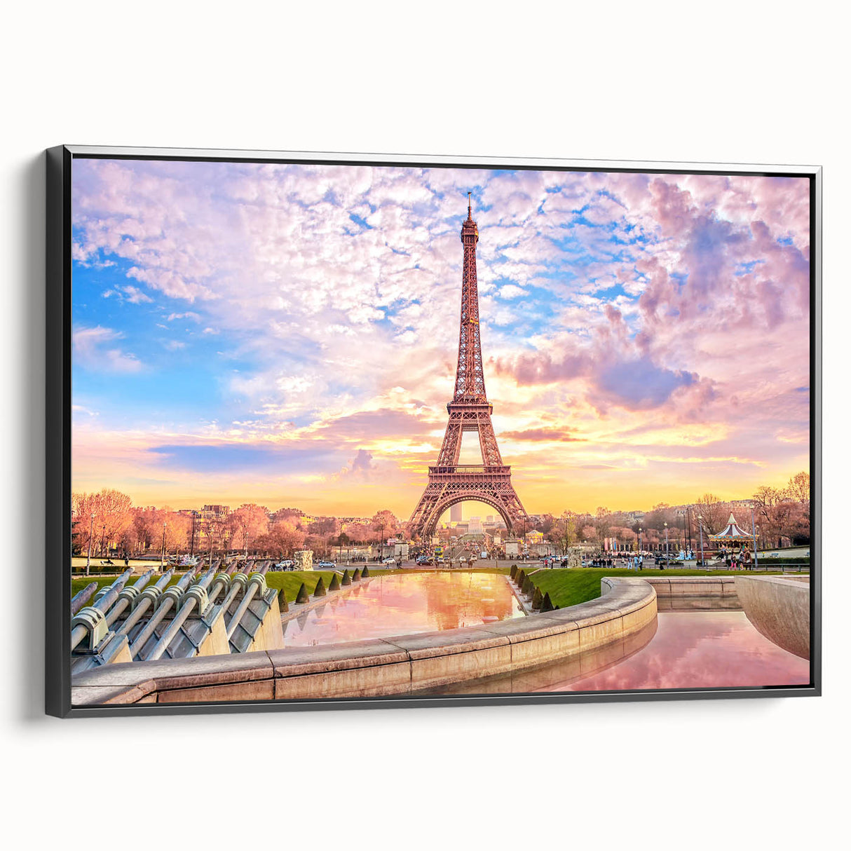 Black and white vintage poster art of Paris landscape on framed canvas, suitable for bedroom decor.