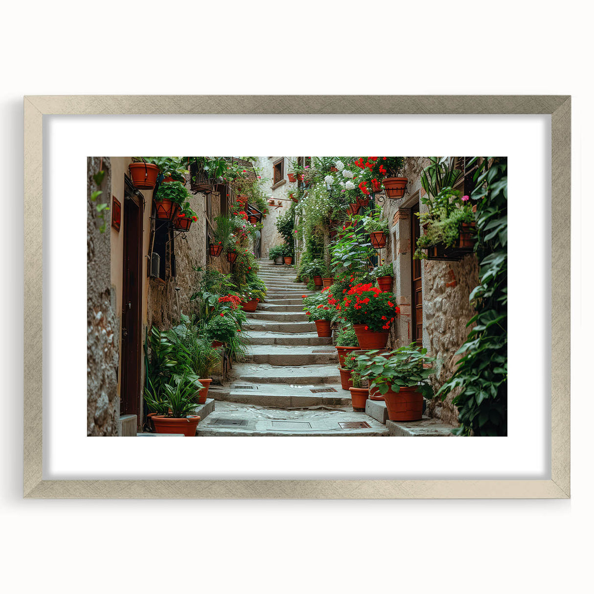 Extra large wall art depicting an abstract textured scenery of Provence, France in muted earth tones, framed in silver.