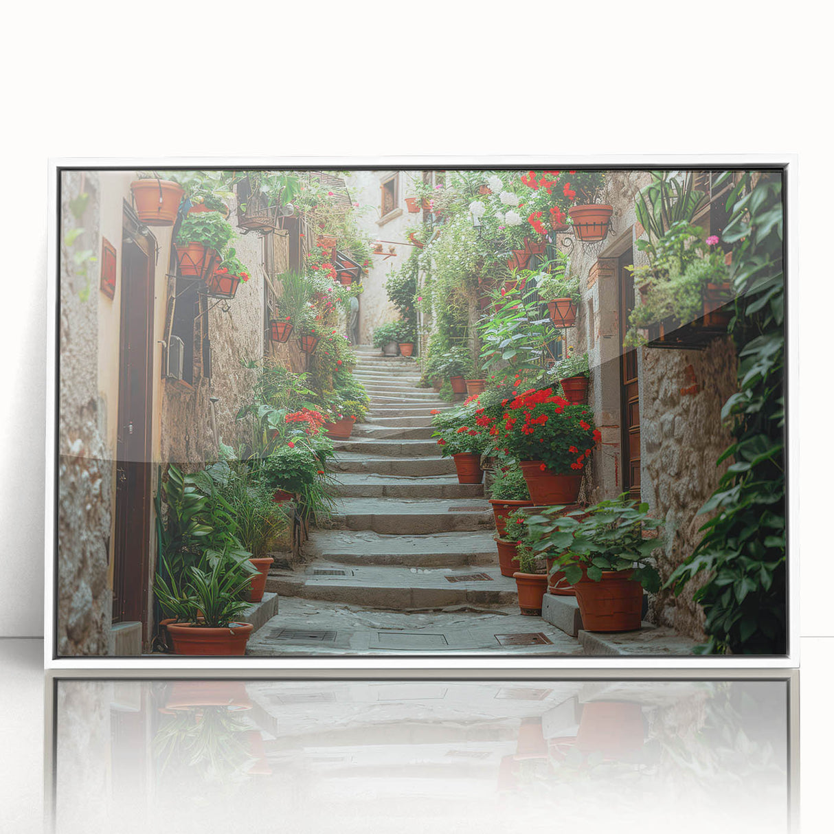 Mid-century modernist art depicting a serene Provence landscape on a white-framed acrylic, featuring soft pastel colors.