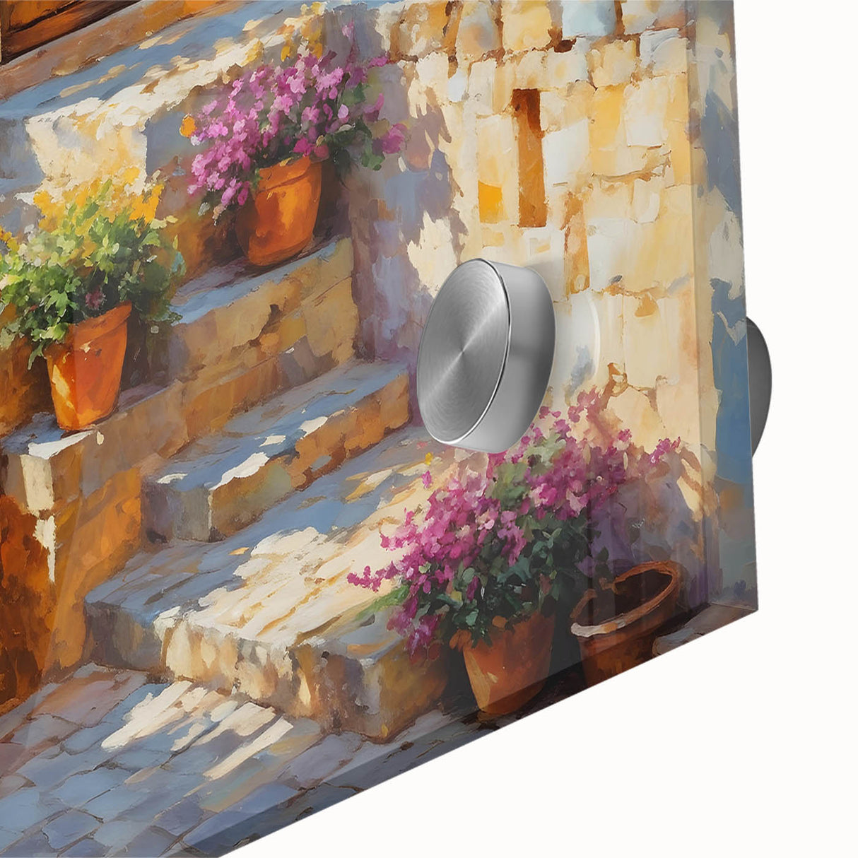 Large abstract wall art depicting a South France scenery in muted earth tones on acrylic glass.