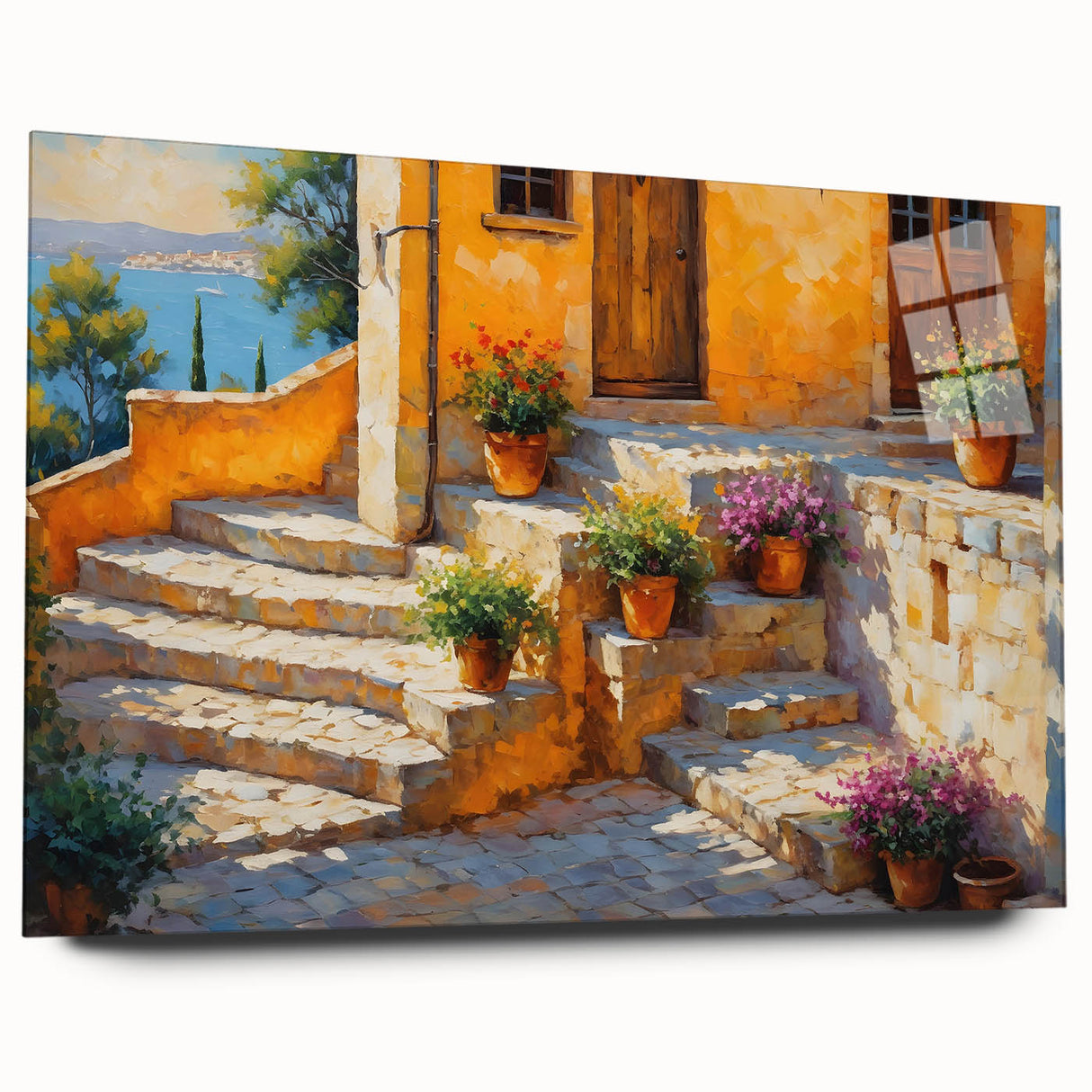 Large abstract wall art of a South France scenery in vibrant blue and green, acrylic on glass.