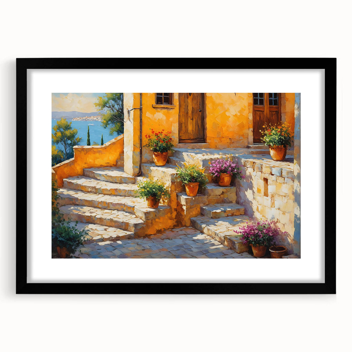 Extra large abstract art print depicting a colorful, textured scenery of Southern France, framed in black.