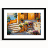 Extra large abstract art print depicting a colorful, textured scenery of Southern France, framed in black.