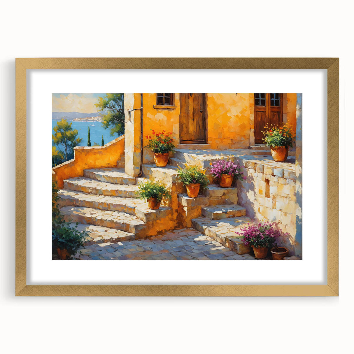 Abstract art print depicting a serene South France landscape in muted earth tones on a framed gold canvas.