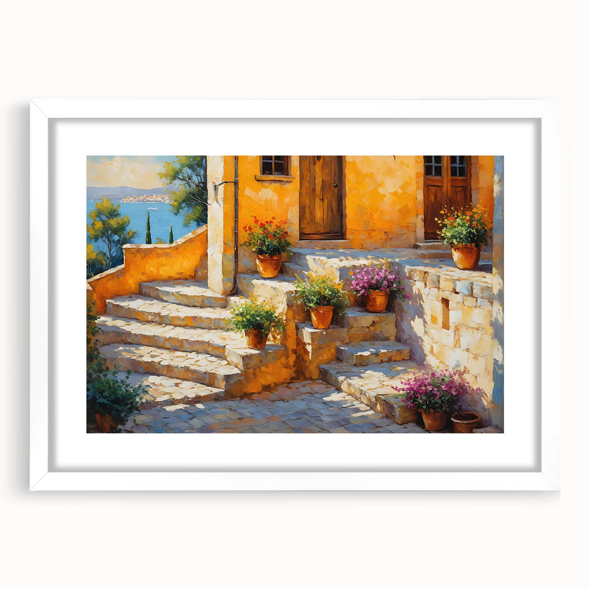 Textured abstract art print of a Southern France landscape in muted earth tones, framed in white, ideal for bedroom art.