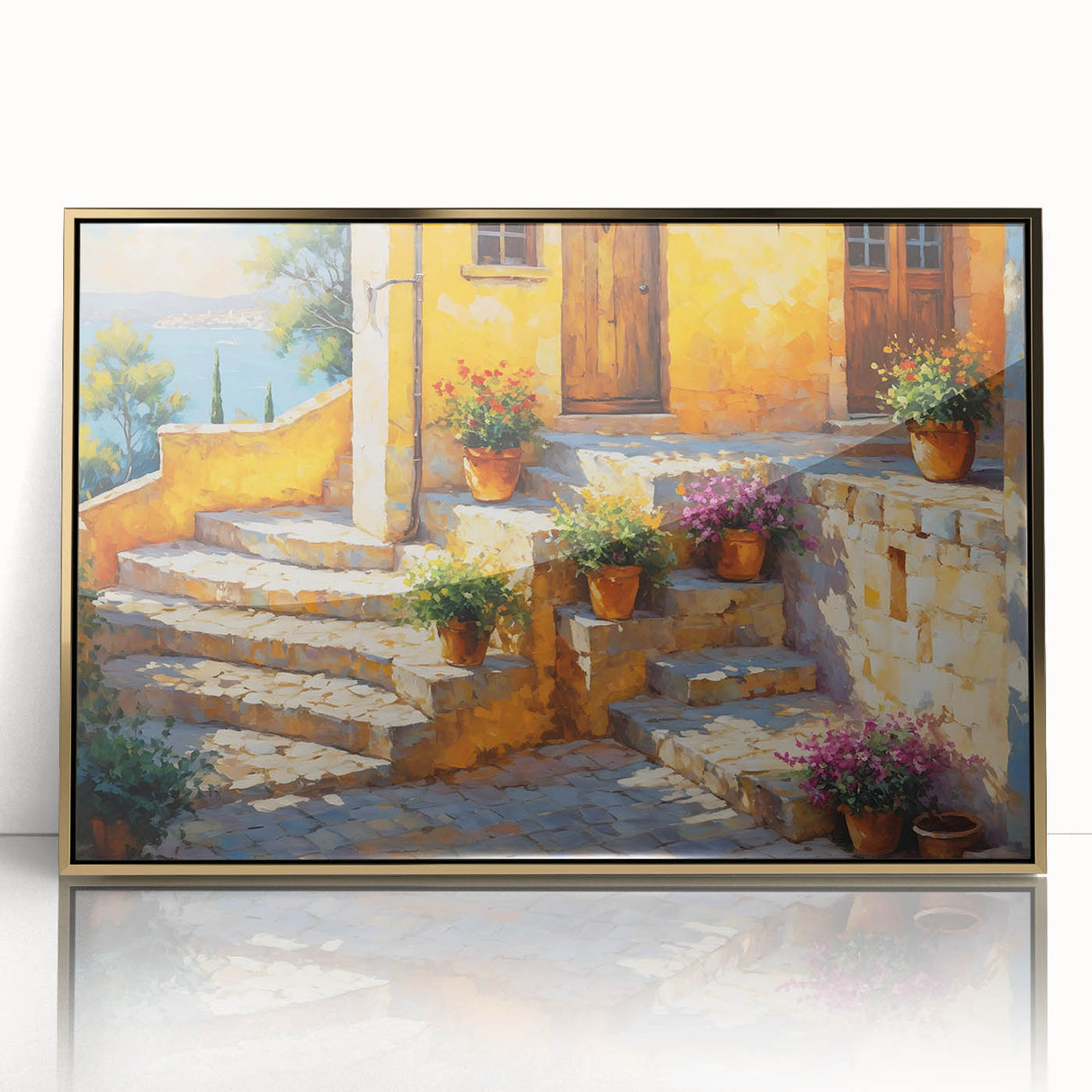 Art Deco poster of southern France scenery in gold acrylic frame, with vibrant colors, perfect for nursery wall art.