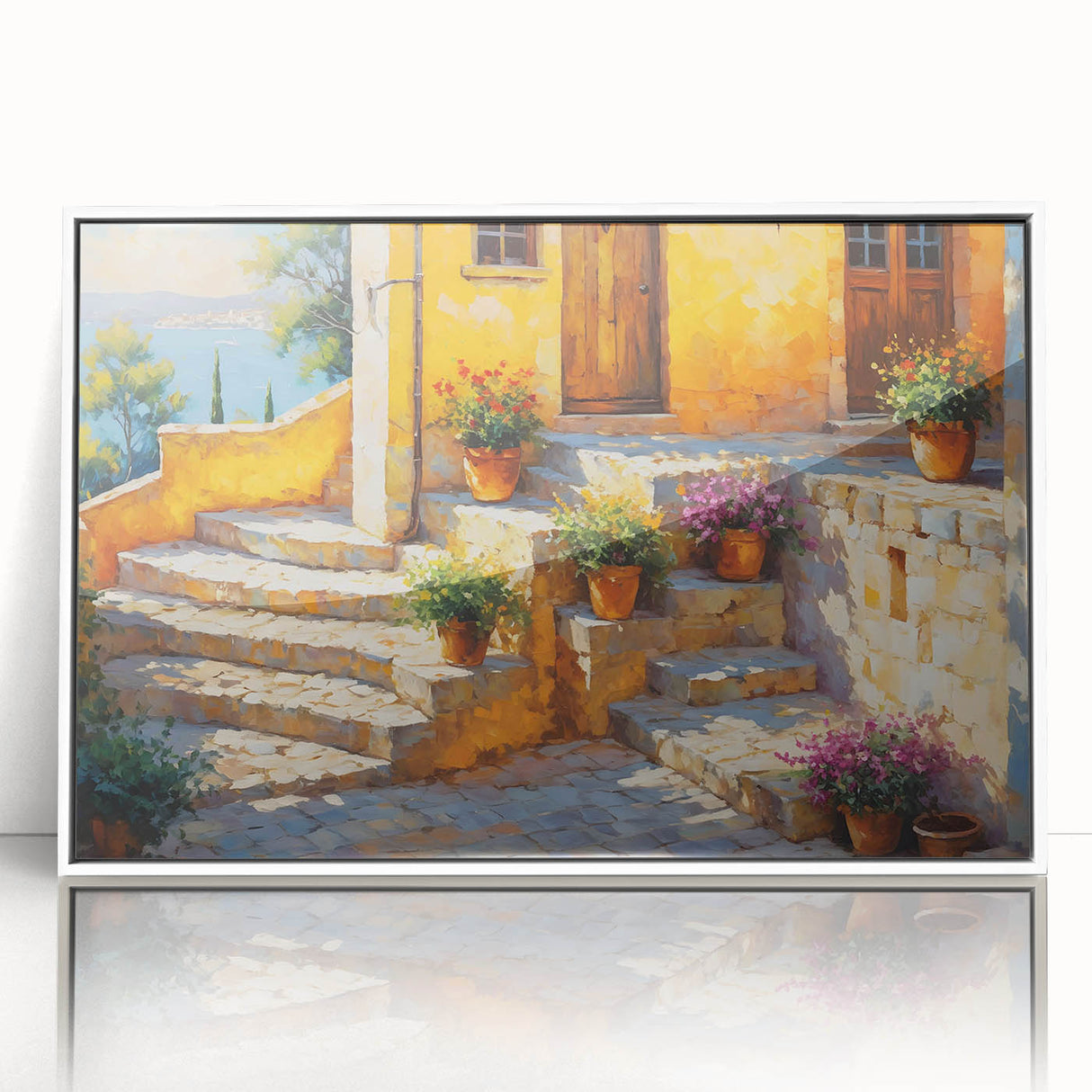 Mid-century modernist art depicting a serene South France landscape in muted earth tones on a framed acrylic print.
