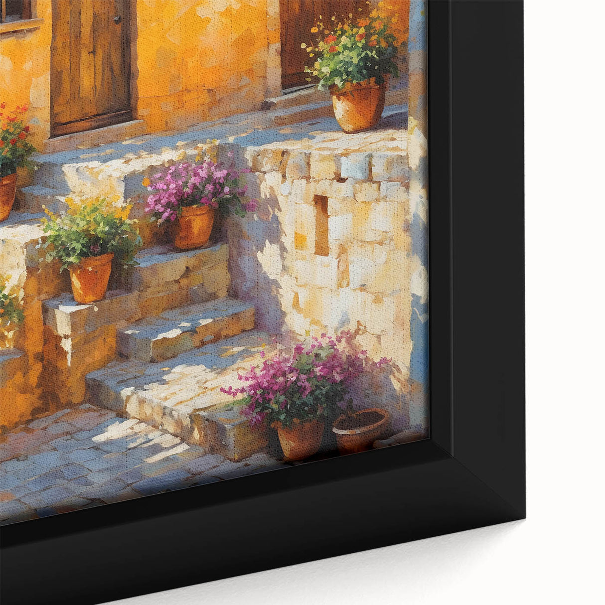 Extra large framed canvas featuring a textured depiction of a South France scenery in black with colorful art accents.