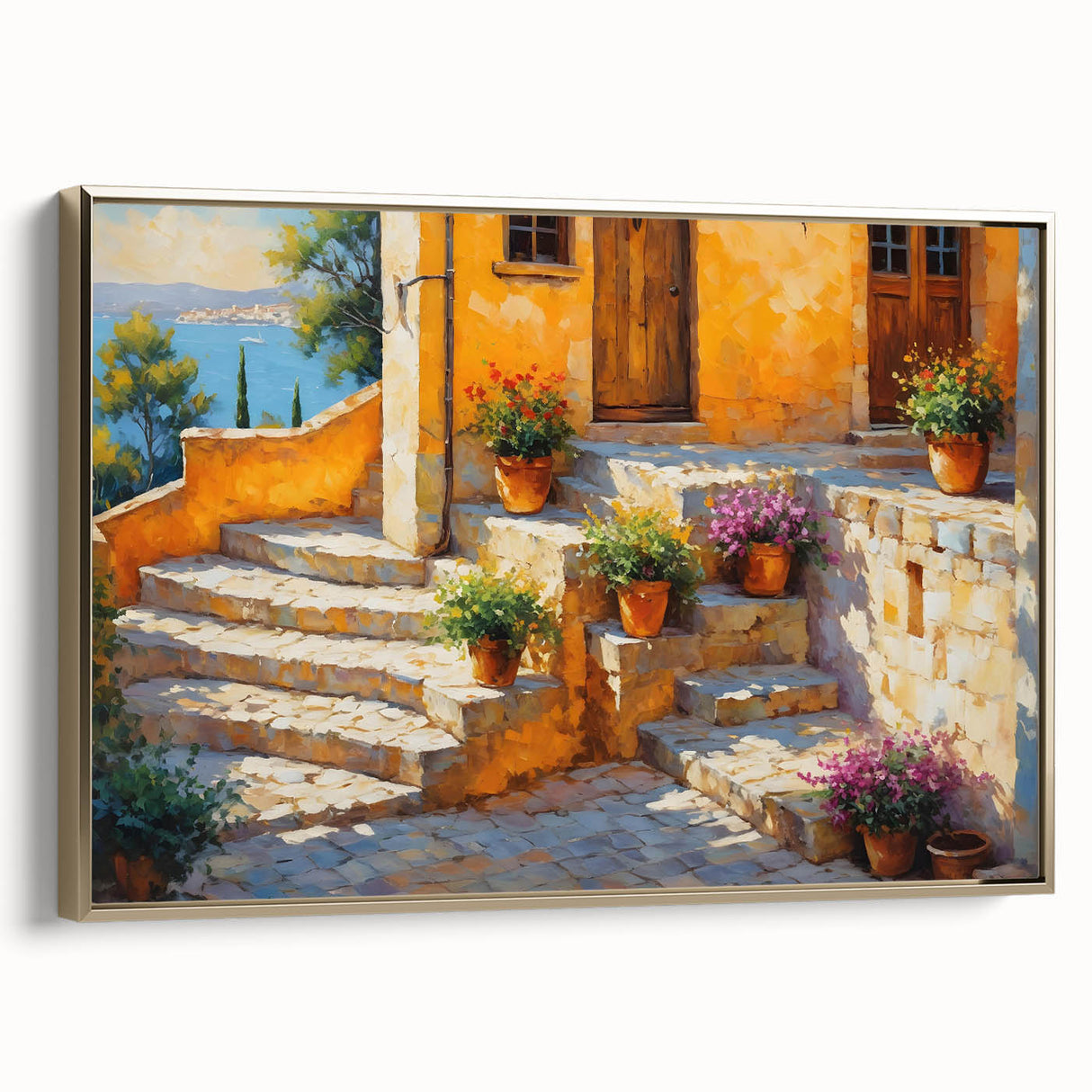 Framed canvas of a vintage-style French landscape painting, with muted earth tones, ideal for bedroom wall art.