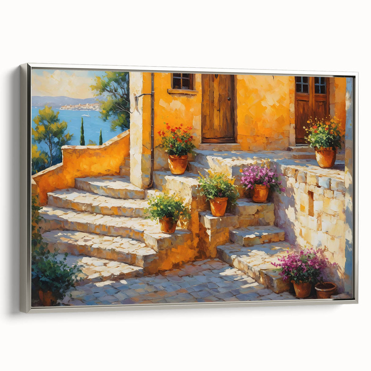 Landscape art painting of a vintage French scene in colorful hues on a framed canvas, ideal for living room decor.