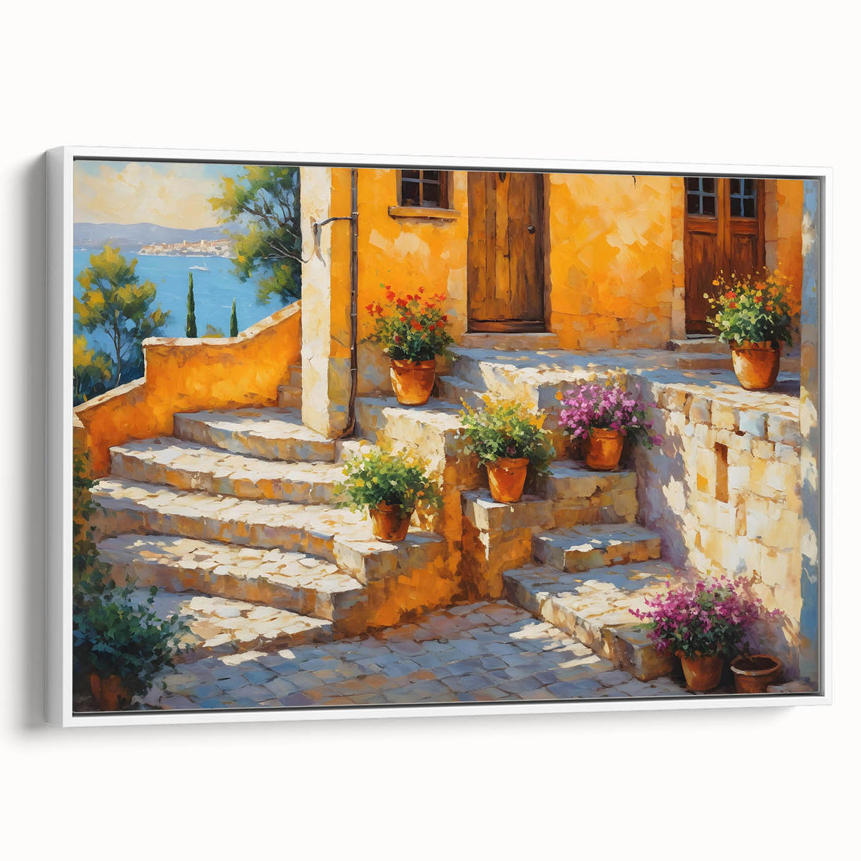 Vintage poster art of a scenic South France landscape in colorful hues on a large framed canvas, ideal for living room decor.
