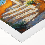 Art deco poster of a scenic French village in soft pastel shades on rolled canvas, suitable for dining room wall art.
