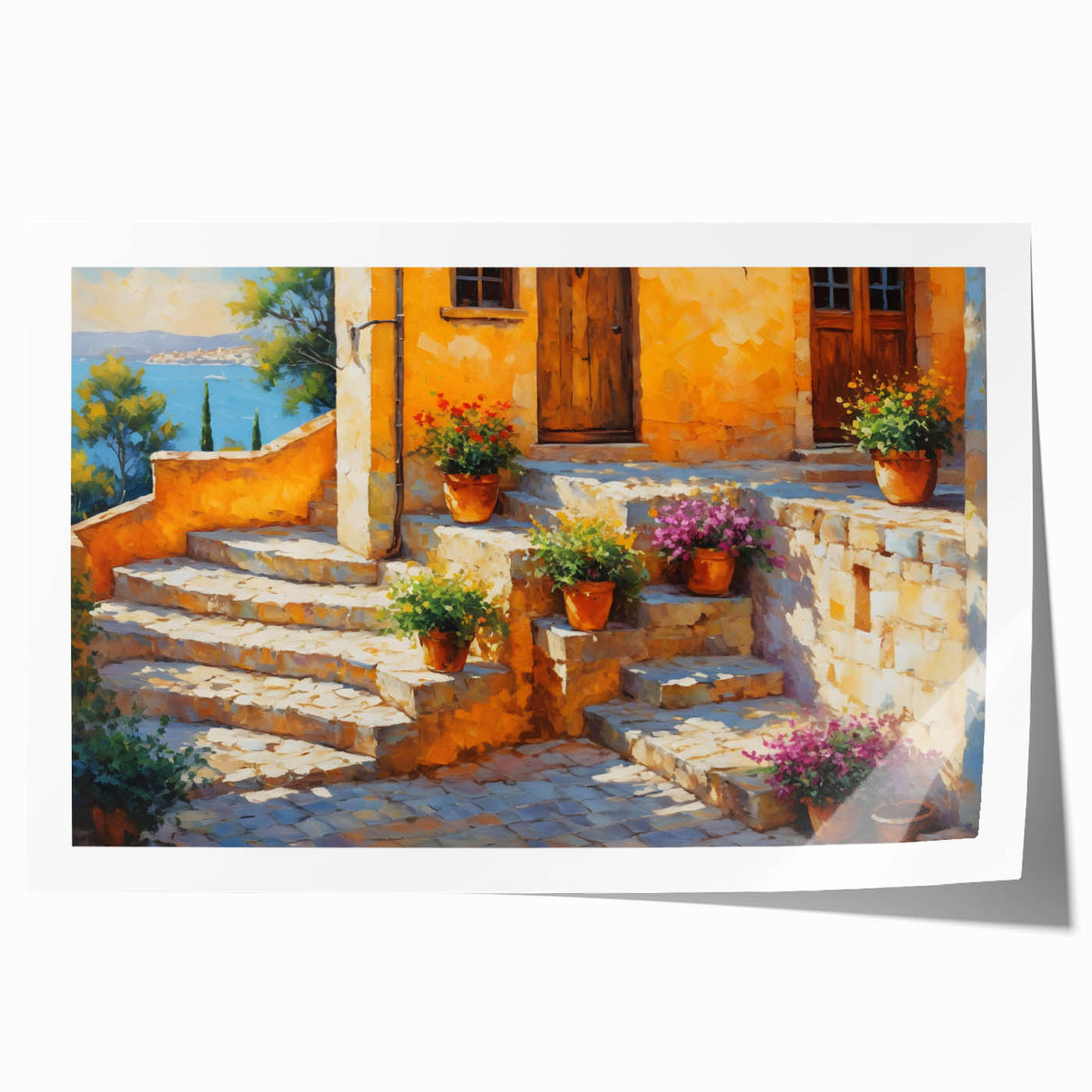Extra large rolled print of a South France landscape with vibrant green and blue tones, ideal for art wall dining room.