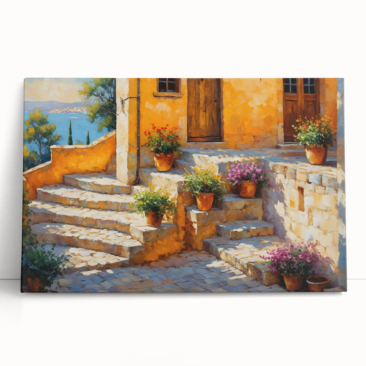 Large black and white stretched canvas of a scenic South France village, ideal for kitchen wall art.