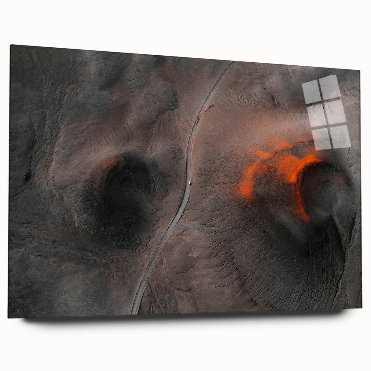Large abstract wall art of Icelandic scenery in muted blue and gray tones on acrylic glass.
