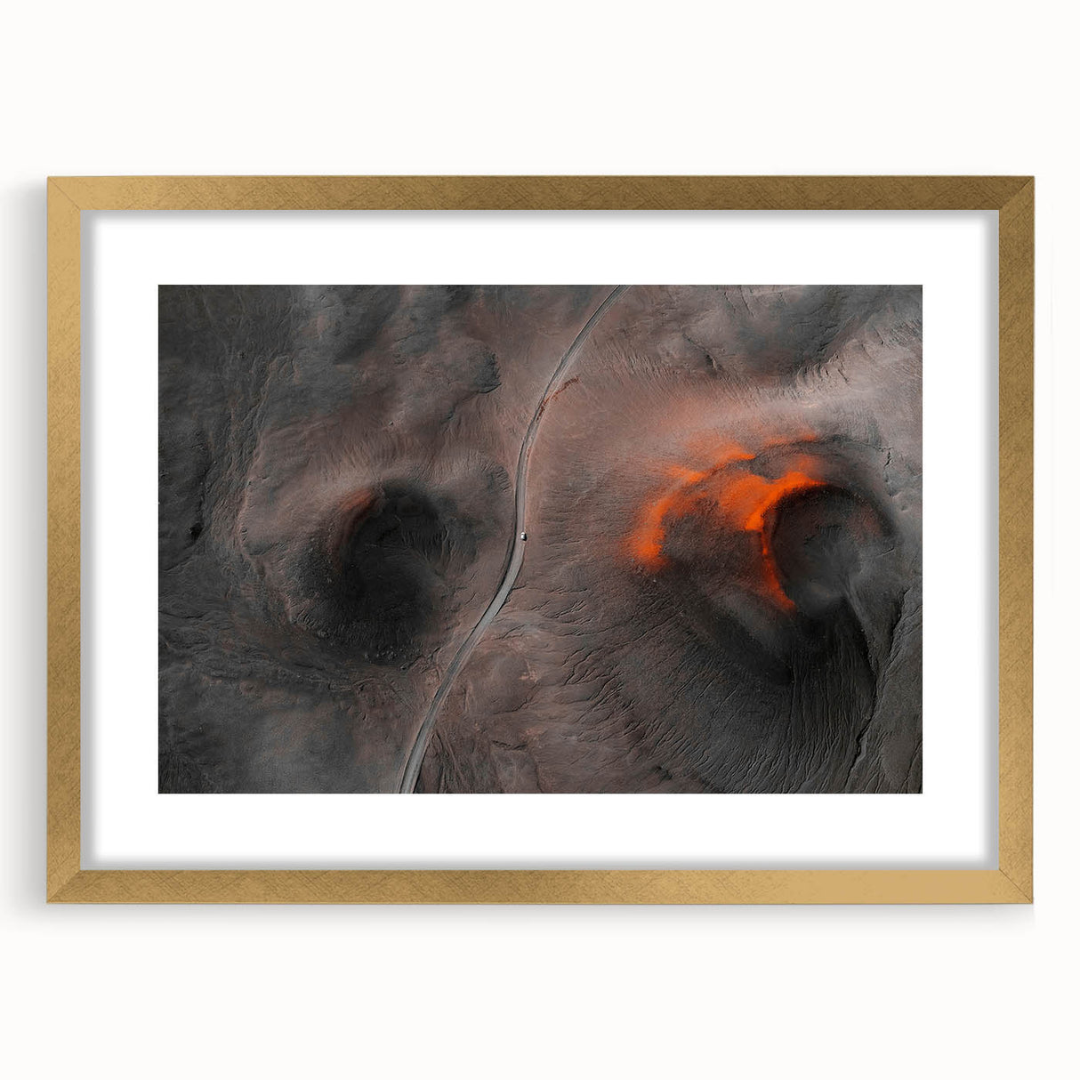 Abstract art print of a serene Icelandic landscape in muted blue and gray, framed in gold, ideal for dining room decor.