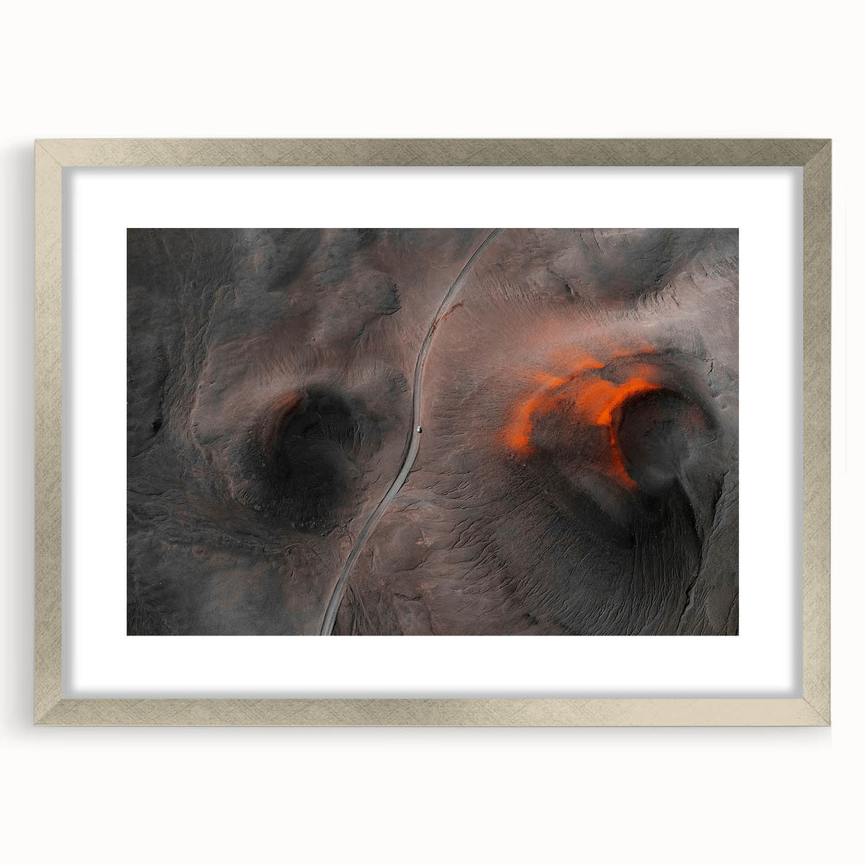 Extra large abstract art print of a textured Icelandic landscape in cool gray tones, framed in silver.