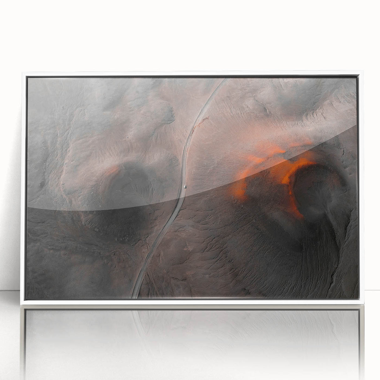 Mid-century modernist art depicting a serene Icelandic landscape in muted blues and greens on a framed acrylic.