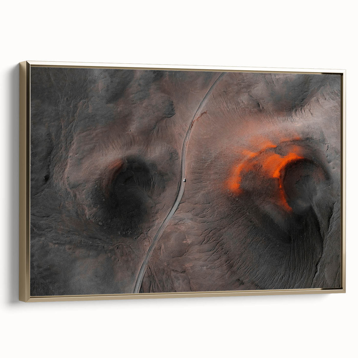 Framed canvas featuring a vintage-style Icelandic landscape in muted gold and black tones, ideal for bedroom wall art.