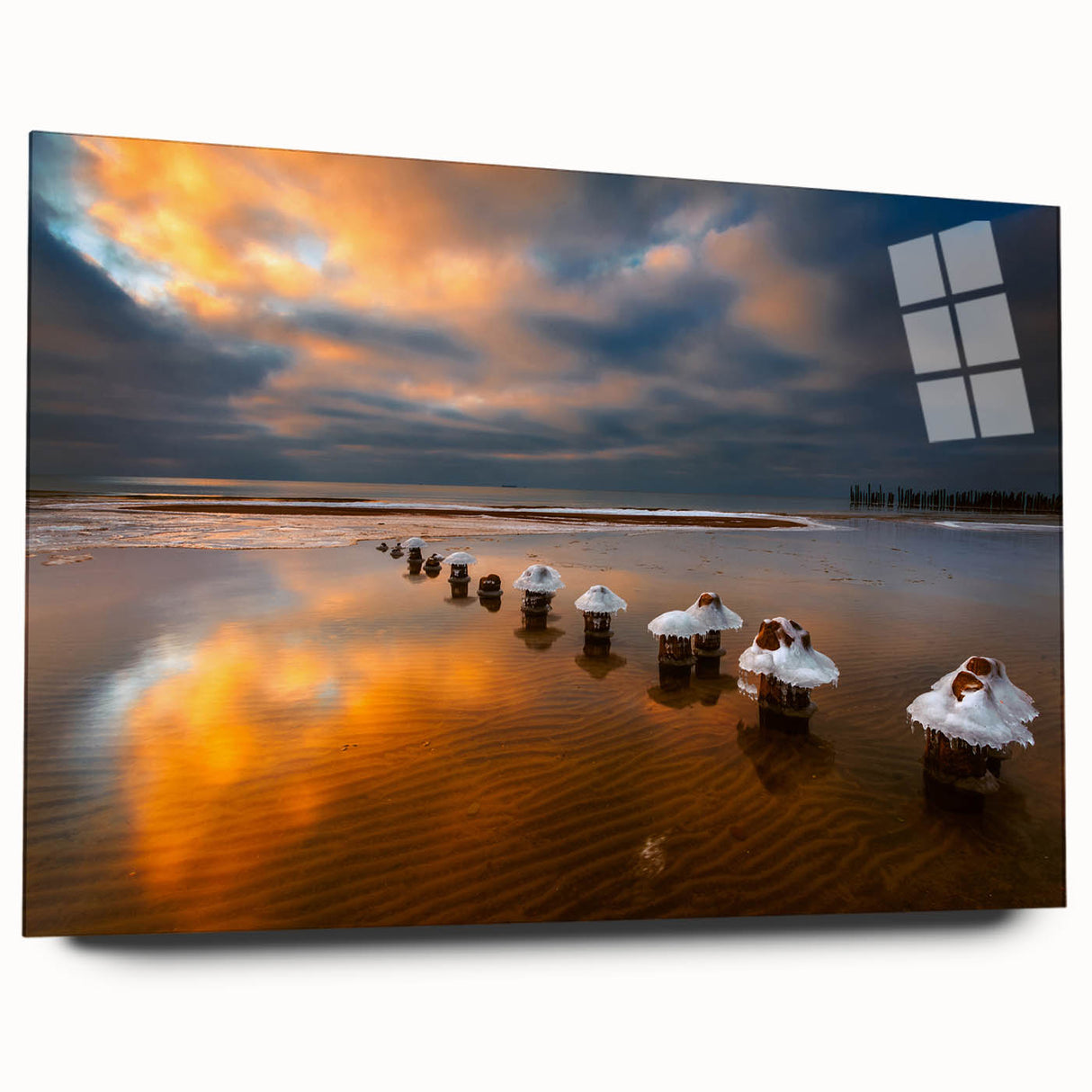 Large abstract wall art of a European landscape in muted blues and greens on acrylic glass.