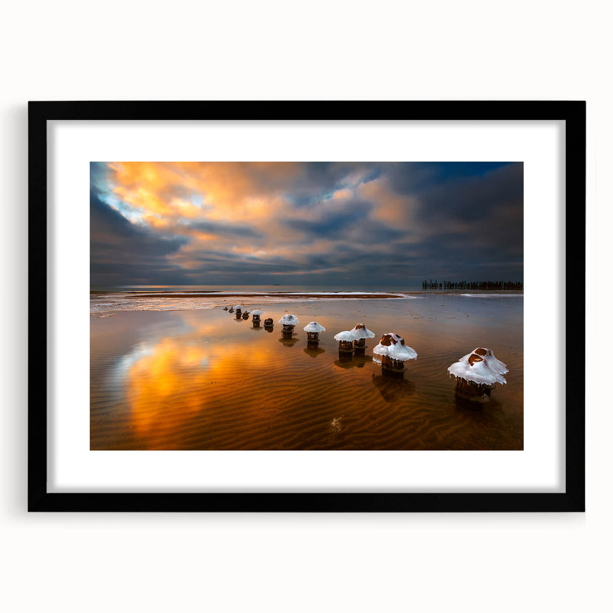 Extra large abstract art print of a vibrant, colorful Lithuanian landscape on textured canvas, framed in black.